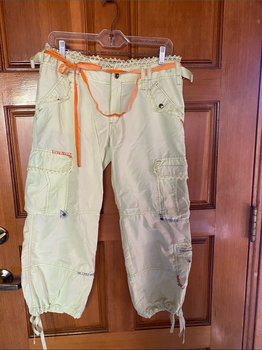 Womens Cargo Casual Pants - Light Green with Orange Drawstring